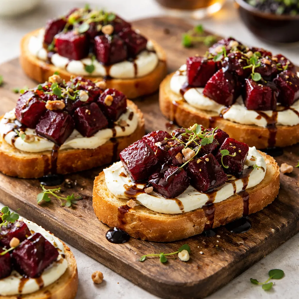 Crostini z pieczonymi burakami, kremem z koziego sera i glazurą balsamiczną - zdjęcie 1