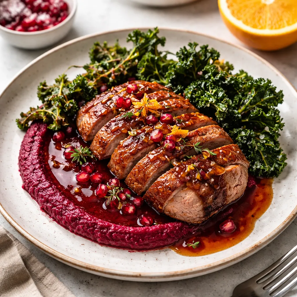Recipe for: Duck breast in orange-pomegranate glaze with roasted beetroot purée and kale chips - photo 1