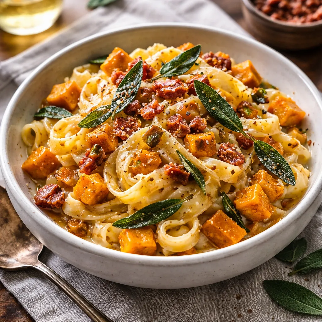 Przepis na: Tagliatelle z pieczoną dynią, szałwią, mascarpone i chrupiącą pancettą (comfort food) - zdjęcie 1