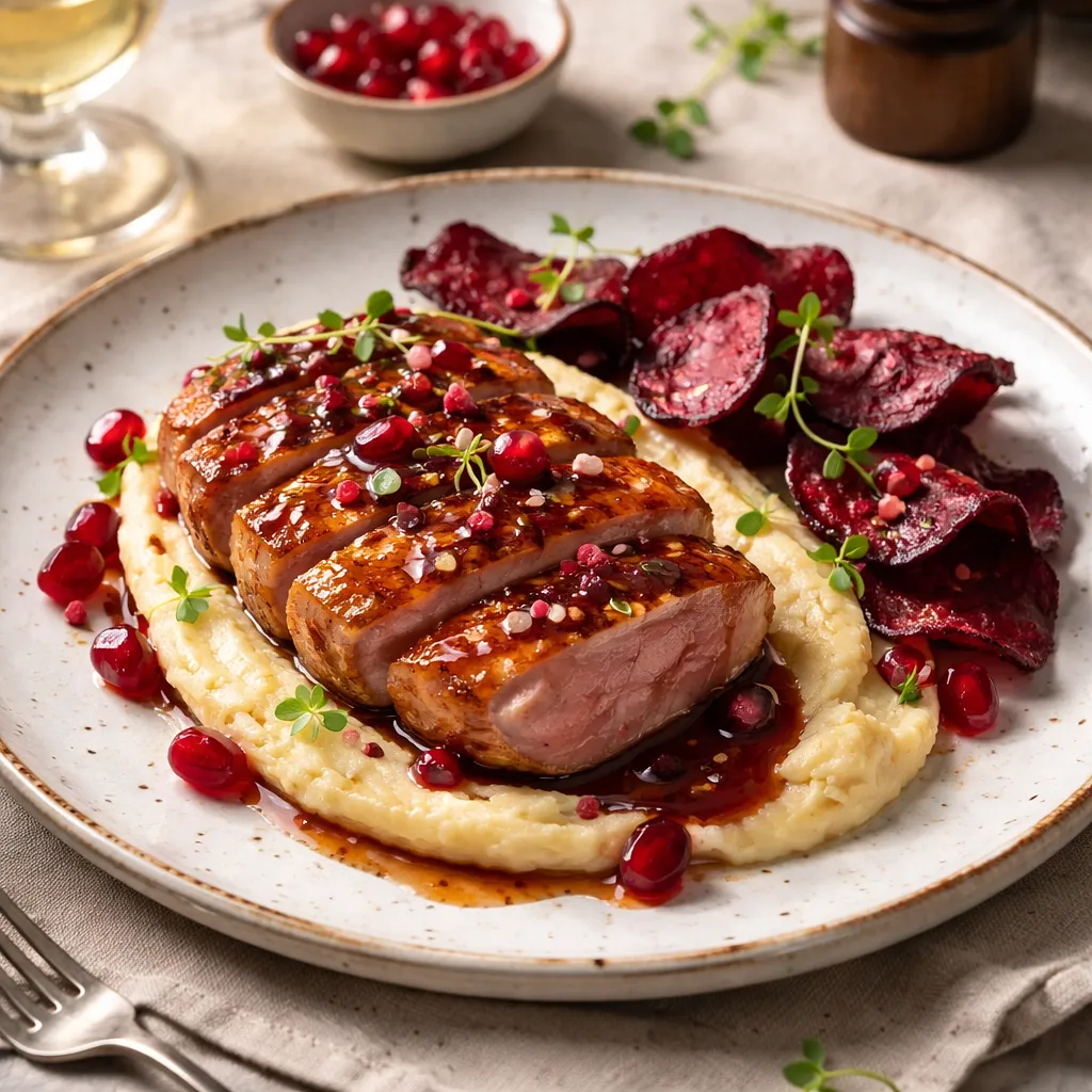 Piersi z kaczki z glazurą z granatu, puree z selera i chipsami z buraka - zdjęcie 1