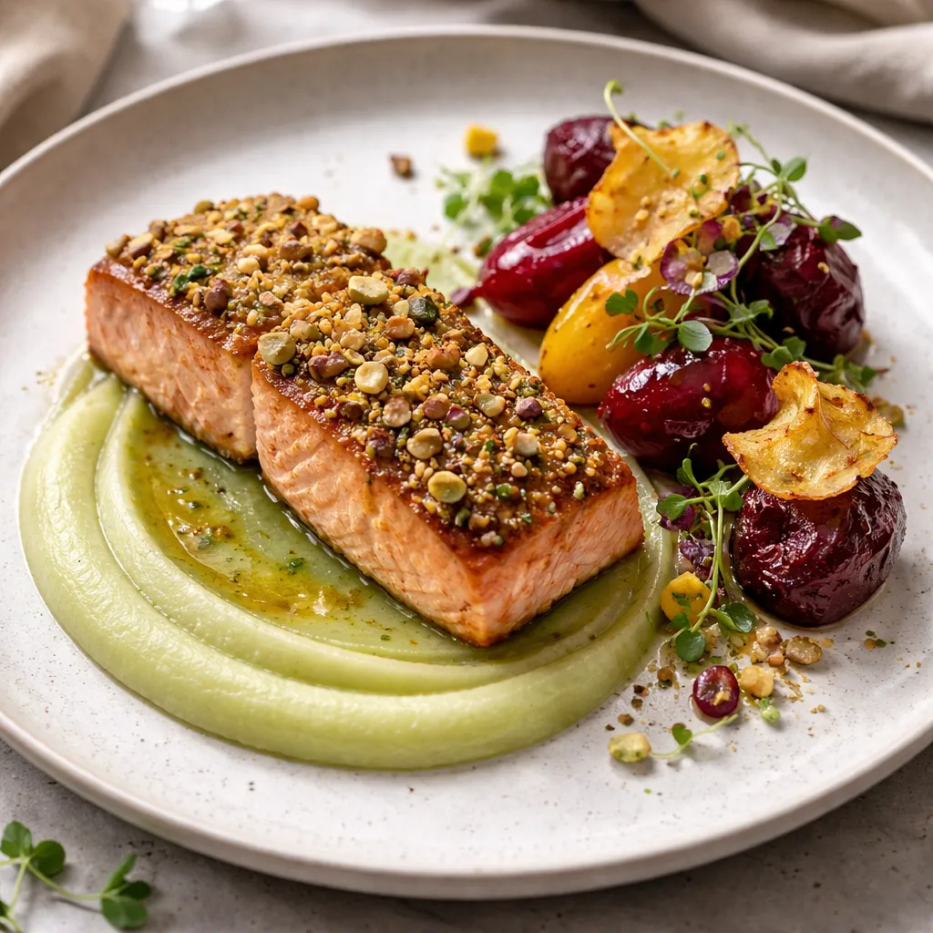 Modern salmon with a nut crust, celery and apple purée, and glazed beets with kale chips - photo 1