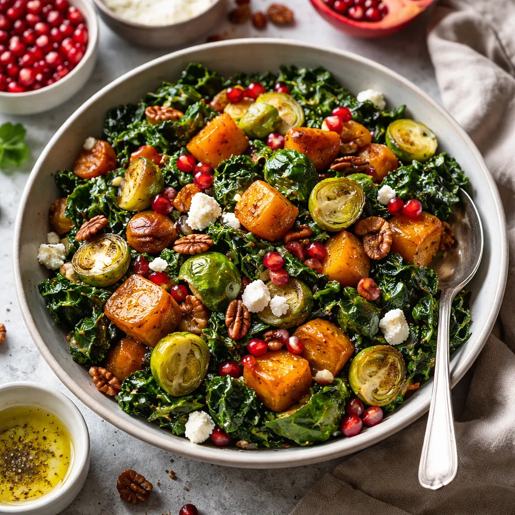 Winter salad with roasted pumpkin, Brussels sprouts, kale, and pomegranate (vegetarian) - photo 1