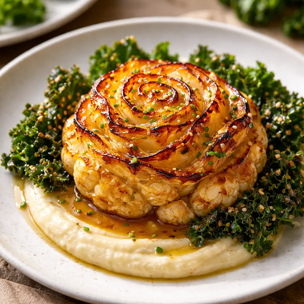 Roasted Cauliflower Rose in Miso-Citrus Glaze with Celery Purée and Kale Chips - photo 1