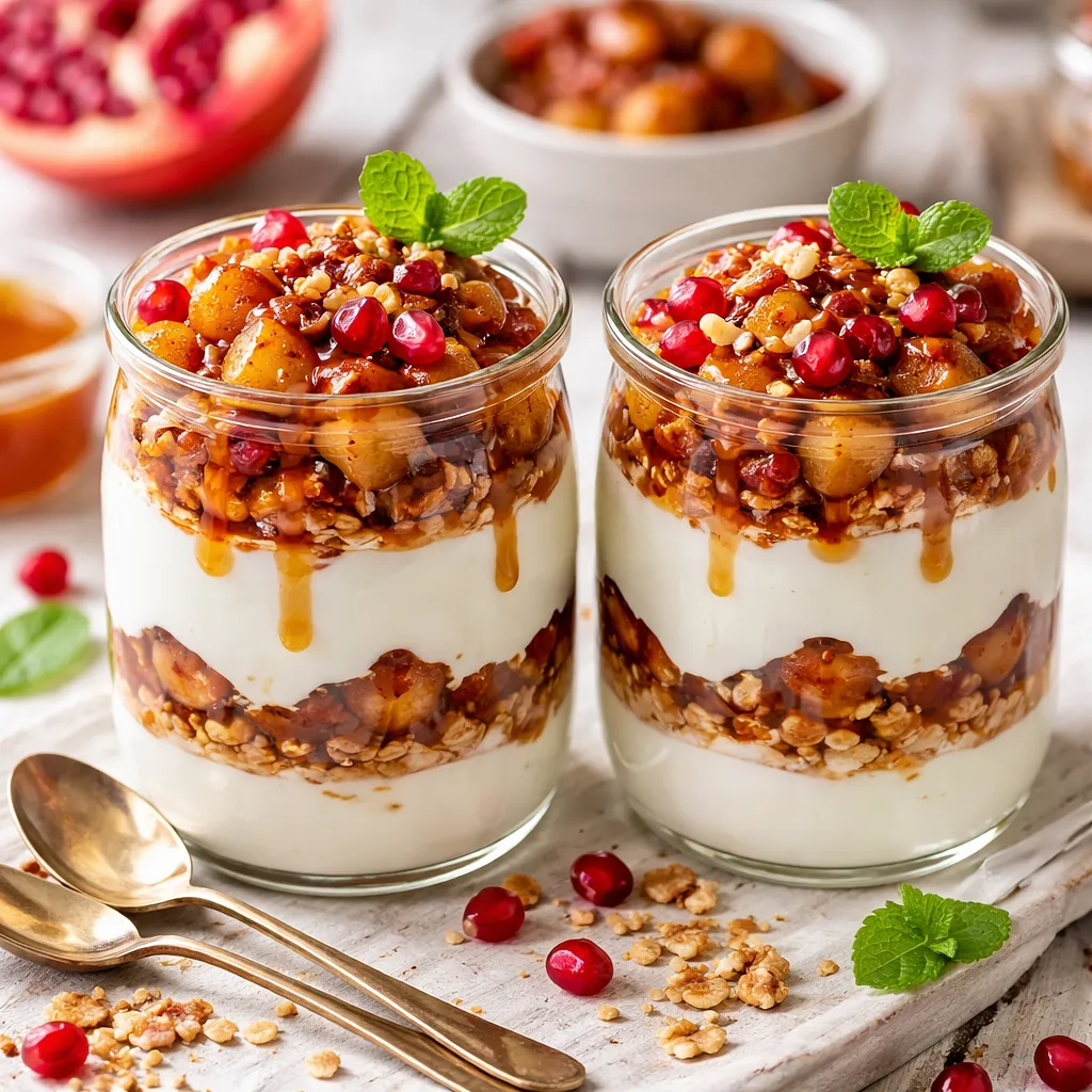 Quick cups with vanilla yogurt, caramelized apples, and pomegranate - photo 1