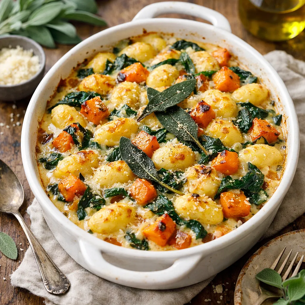 Kremowe zapiekane gnocchi z pieczoną dynią, szpinakiem i szałwią - zdjęcie 1