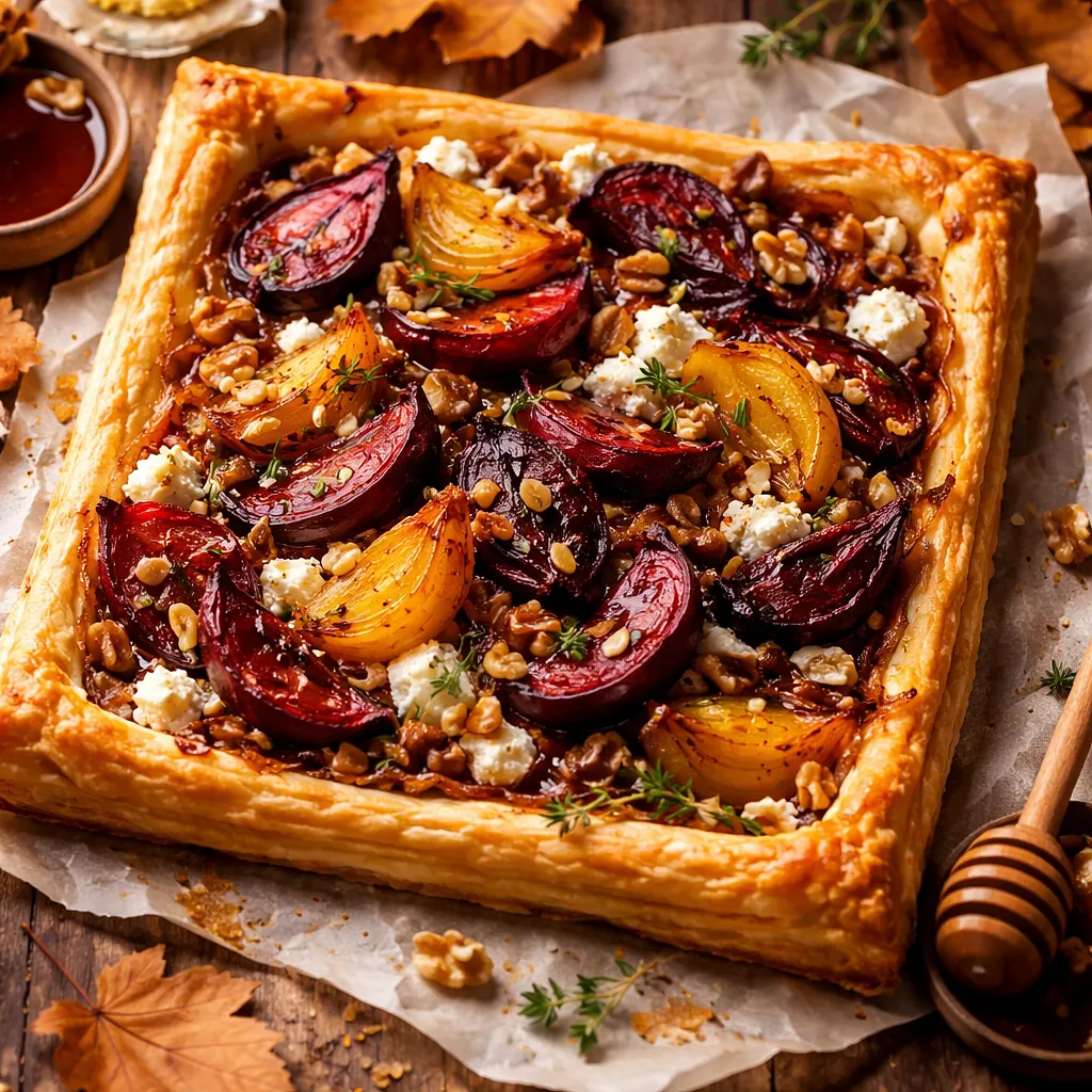 Recipe for: Autumn tart with roasted beets, goat cheese, and caramelized onions - photo 1