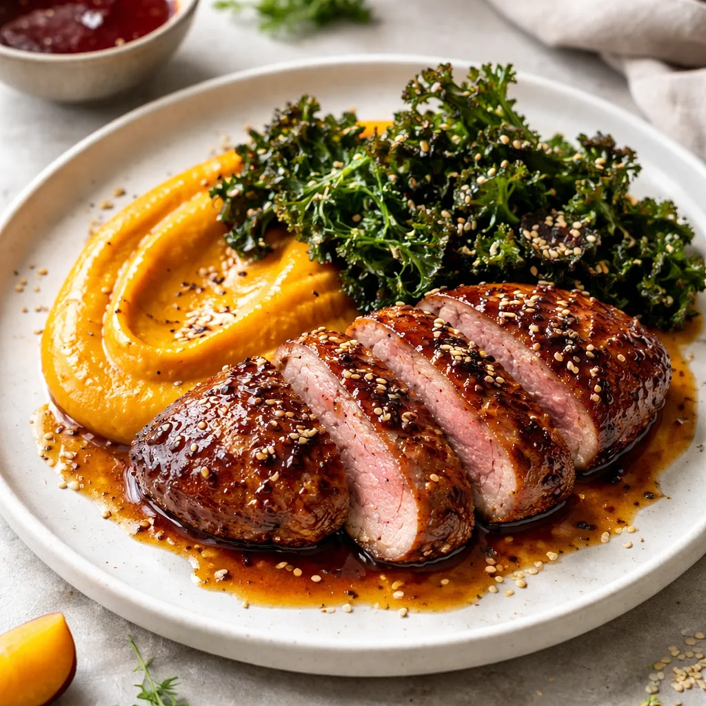 Duck breast in plum-honey-soy glaze with coconut pumpkin puree and crispy kale (fusion) - photo 1
