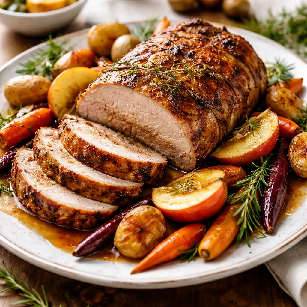 Tradycyjny pieczony schab z jabłkami i rozmarynem z pieczonymi warzywami - zdjęcie 1
