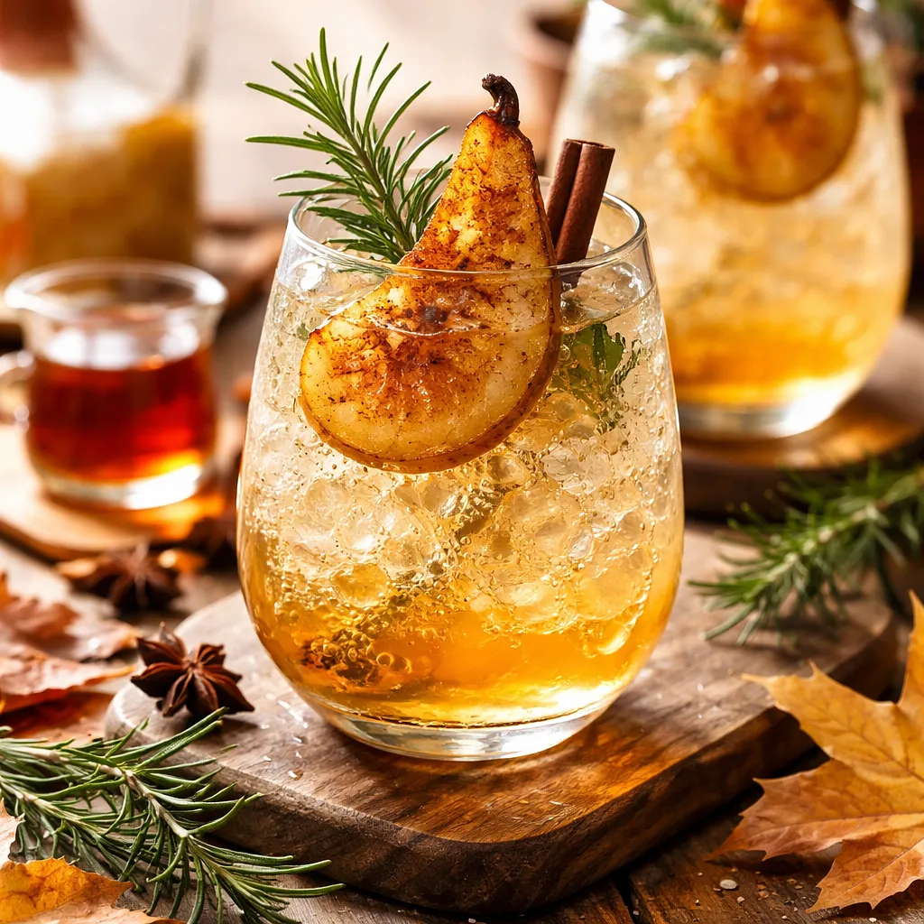 Sparkling autumn drink with roasted pears, maple syrup, and rosemary - photo 1