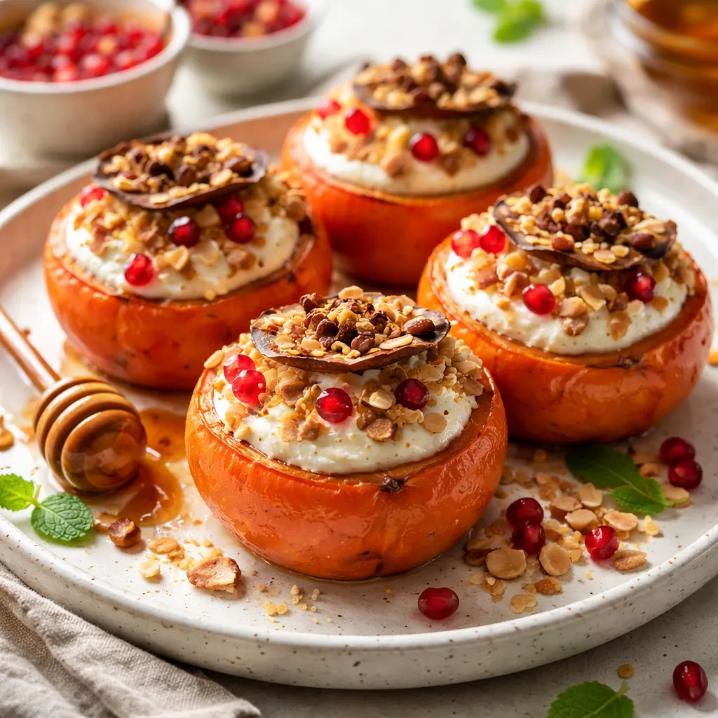 Recipe for: Baked persimmons stuffed with mascarpone cream, almond crumble, and pomegranate - photo 1
