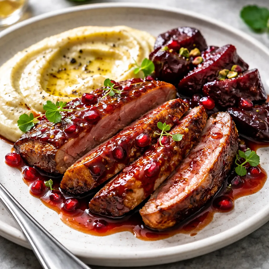 Recipe for: Duck breast with pomegranate glaze, celery puree, and caramelized beets - photo 1