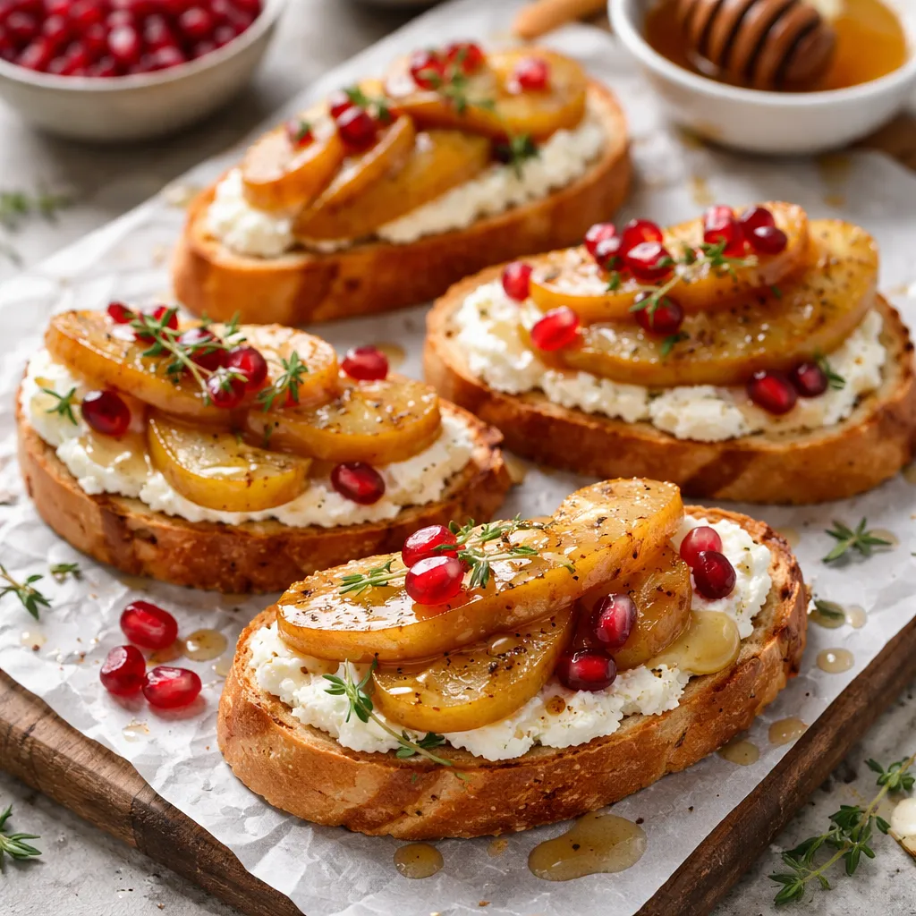 Przepis na: Szybkie crostini z ricottą, karmelizowaną gruszką i pestkami granatu - zdjęcie 1