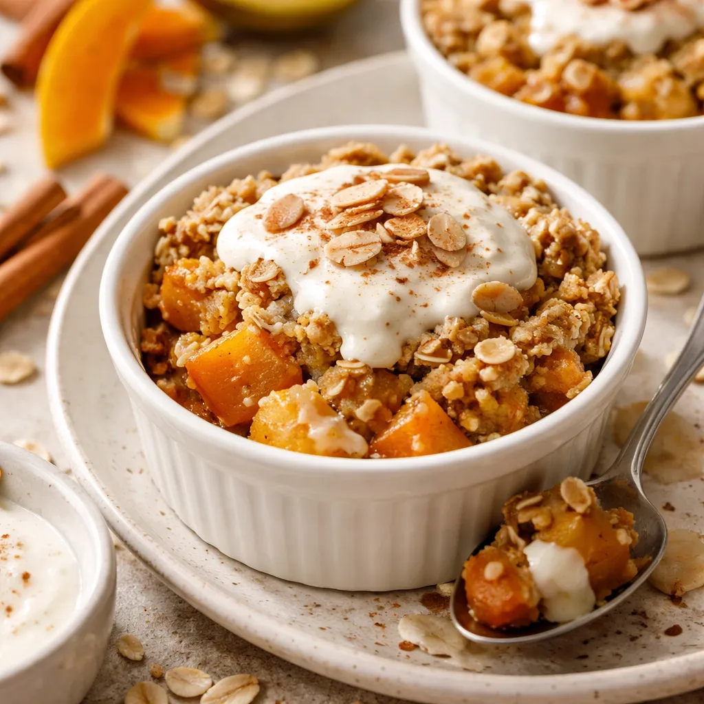 Recipe for: Quick seasonal mini crumble with pumpkin and apple with yogurt-almond sauce - photo 1
