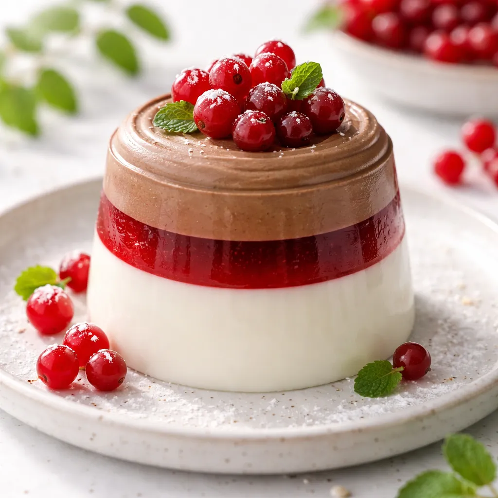 Przepis na: Nowoczesna warstwowa panna cotta kokosowa z lustrzaną galaretką z czerwonej porzeczki, musem czekoladowym i chrupiącą kruszonką jaglaną (wariant f221e60d) - zdjęcie 1