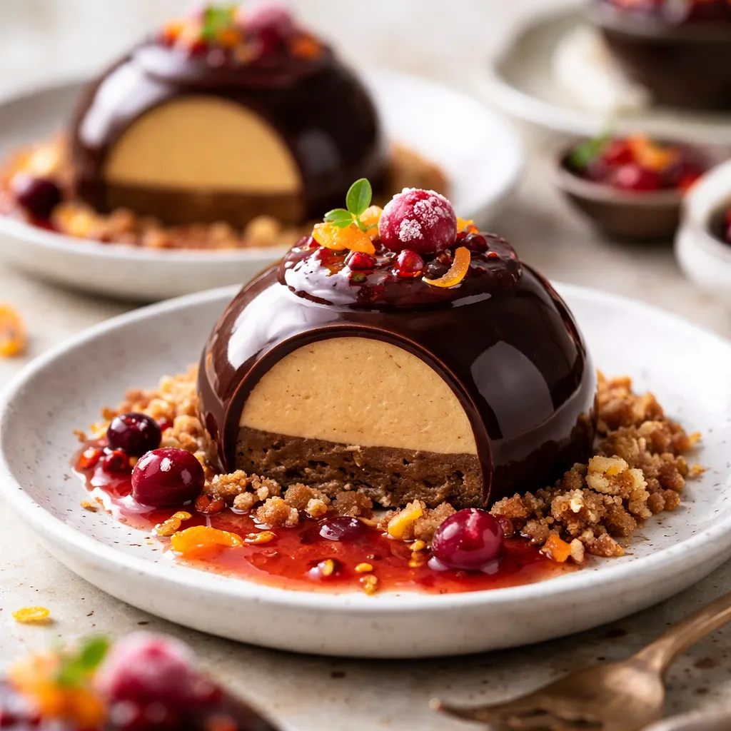 Przepis na: Nowoczesne półkule czekoladowo-dyniowe z musem dyniowym, sosem żurawinowo‑pomarańczowym i kruszonką migdałową (wariant a1540919) - zdjęcie 1