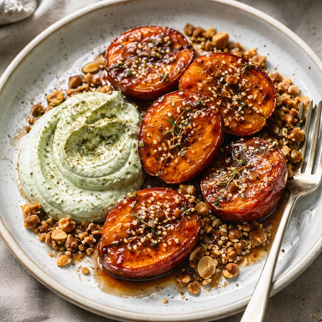 Recipe for: Baked persimmons in miso-maple glaze with matcha-ricotta cream and almond-sesame crumble - photo 1