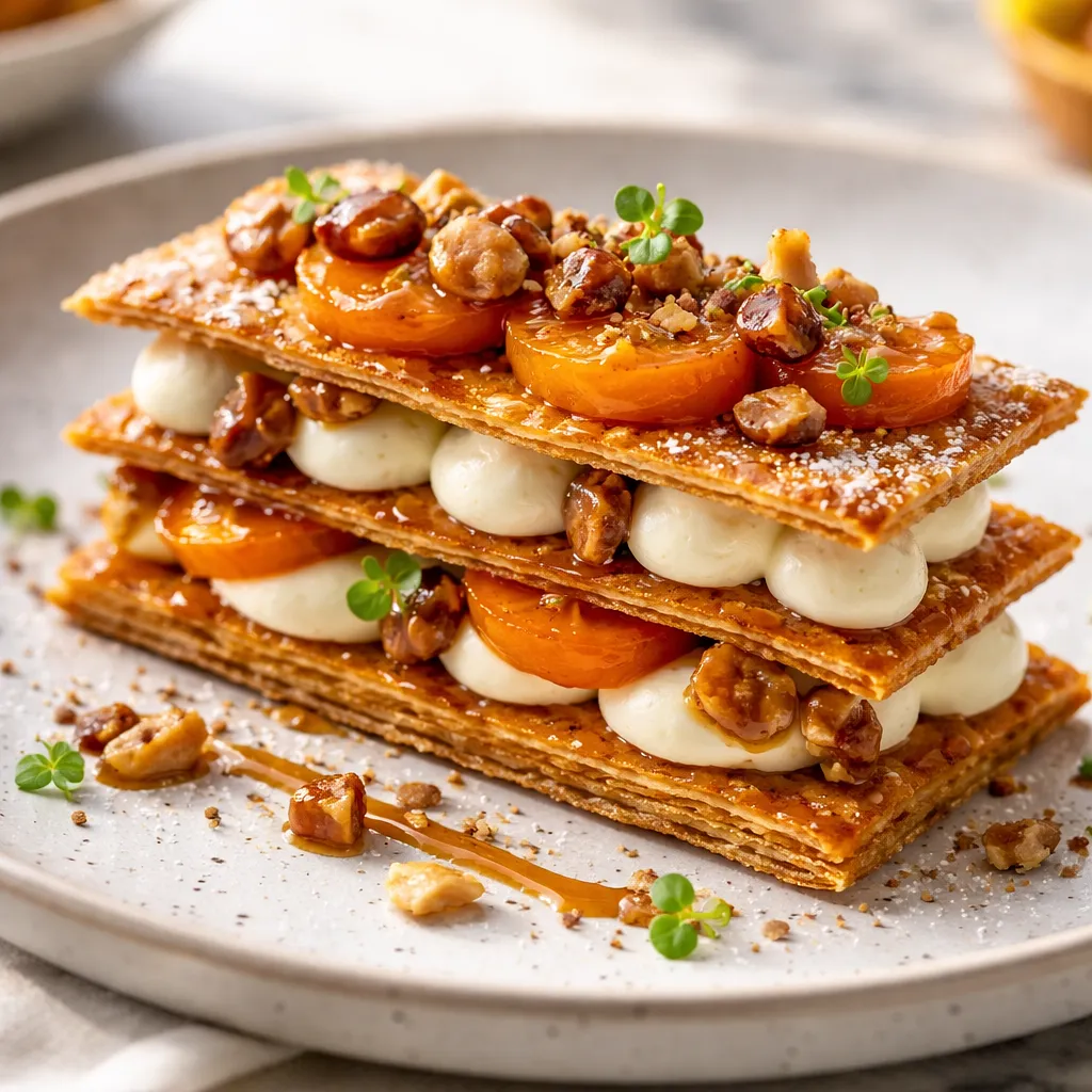 Recipe for: Modern mille-feuille with caramelized persimmon, white chocolate mousse, and crunchy chestnuts (variant a905a5dd) - photo 1