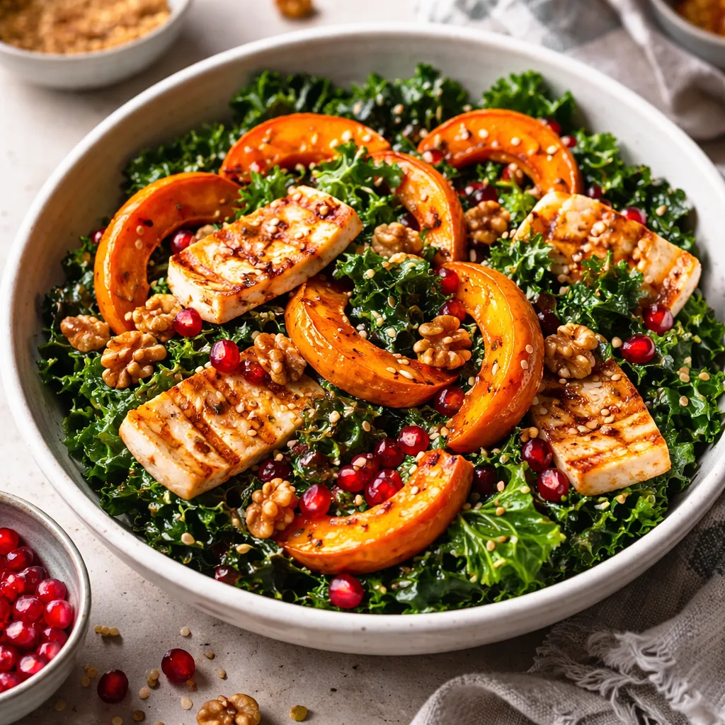 Recipe for: Winter salad with roasted Hokkaido pumpkin, kale, pomegranate, and halloumi - photo 1
