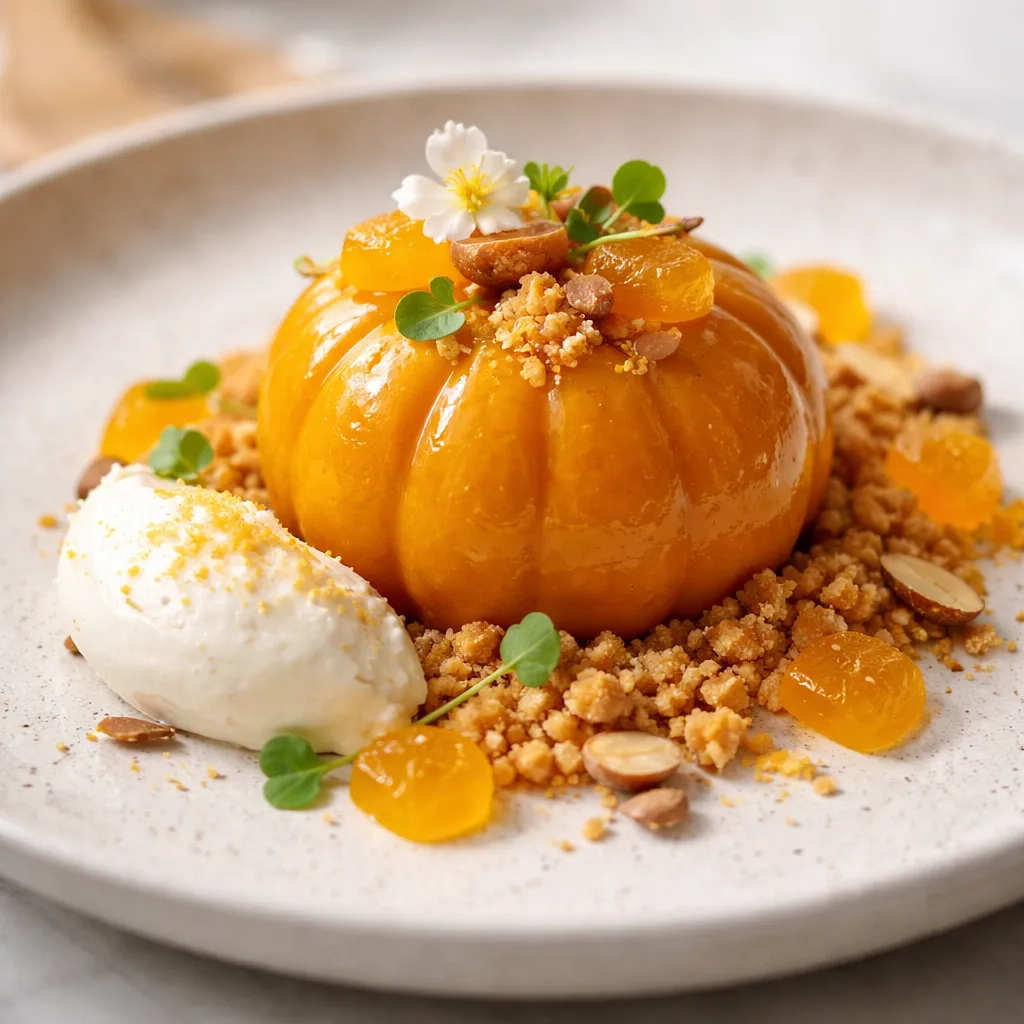 Modern domes of roasted pumpkin and ricotta cream with orange gel, almond crumble, and pomegranate seeds - photo 1