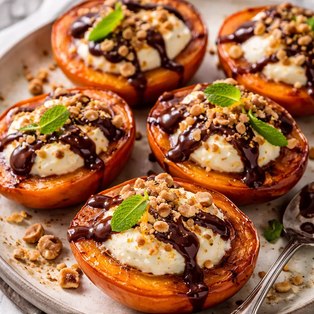Pieczone persymony z kremem ricottowym cytrusowym, kruszonką z orzechów laskowych i sosem czekoladowym - zdjęcie 1