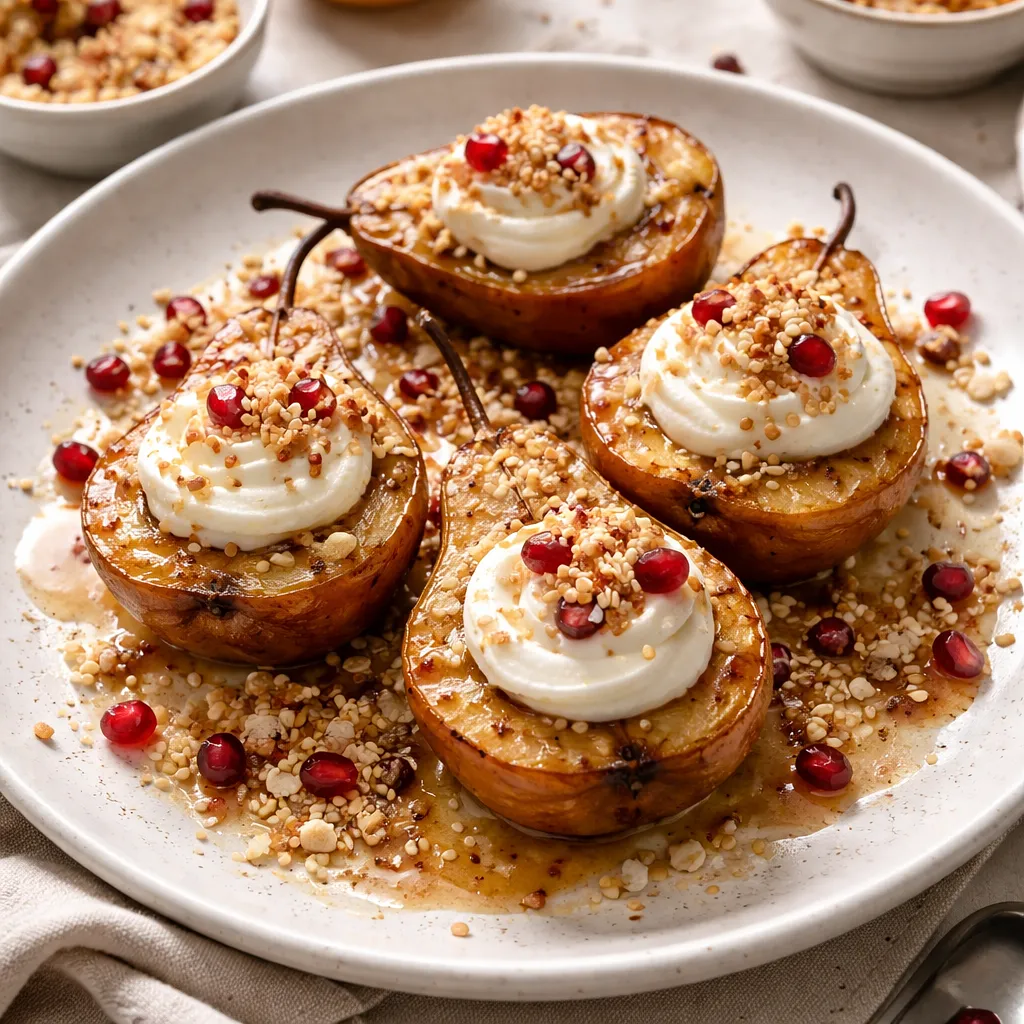 Recipe for: Baked pears in miso-ginger with coconut-mascarpone cream, sesame-rice crumble, and pomegranate - photo 1
