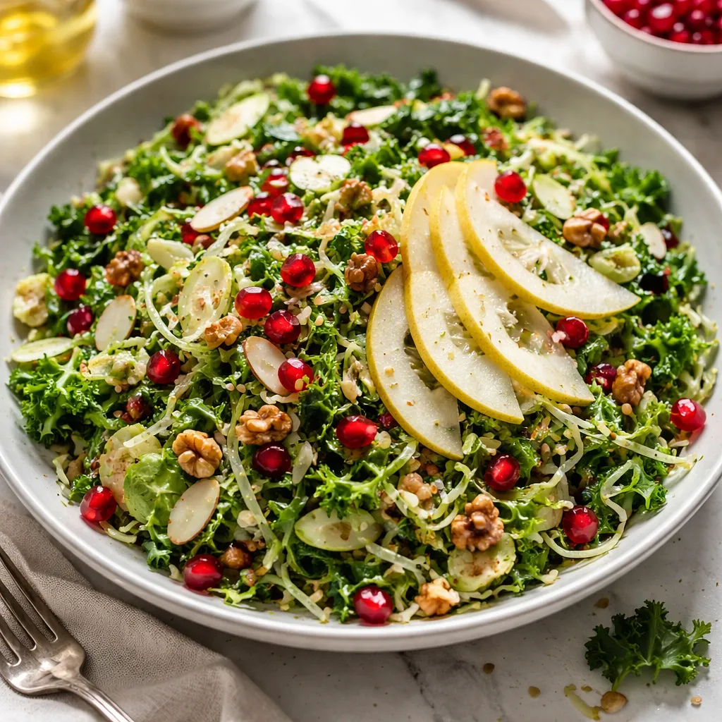 Seasonal salad with thinly sliced Brussels sprouts, kale, and pears with pomegranate and nuts - photo 1