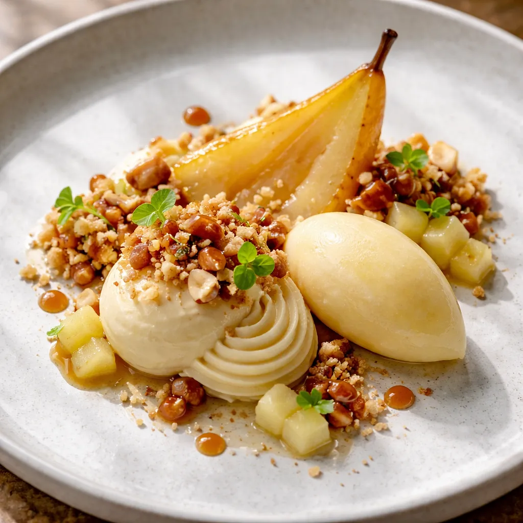 Modern dessert: Pear in three textures with almond crumble and caramelized nuts - photo 1