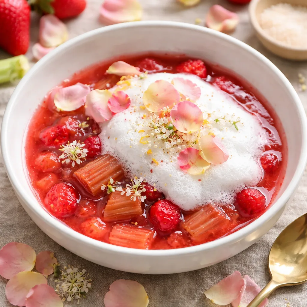 Wiosenny kompot rabarbarowo-truskawkowy z białą pianką i płatkami róży - zdjęcie 1