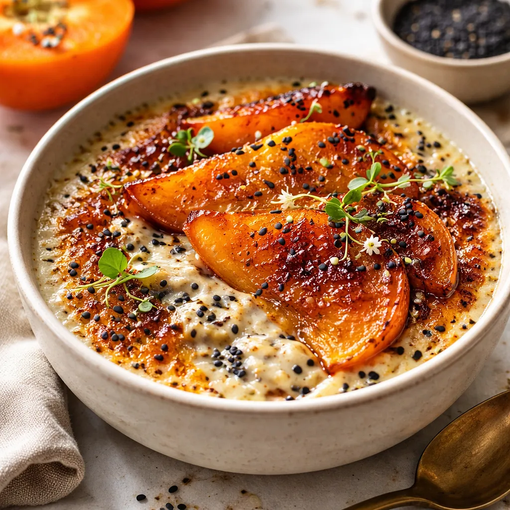 Recipe for: Fusion Brûlée with Persimmon, Cardamom-Miso Cream, and Black Sesame (variant 71ab1c25) - photo 1