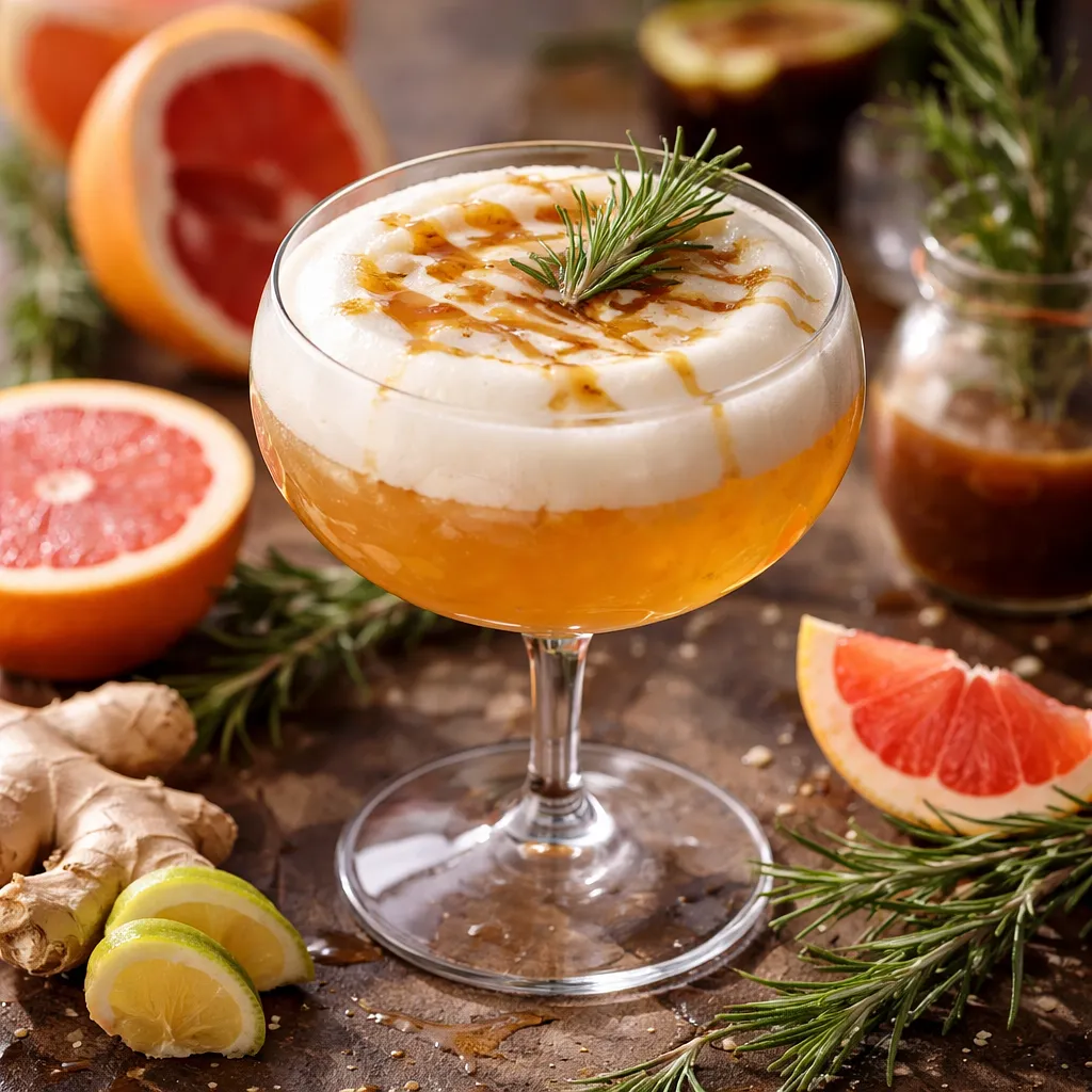 Zimowy koktajl cytrusowo-imbirowy z karmelem rozmarynowym i pianą z aquafaby - zdjęcie 1