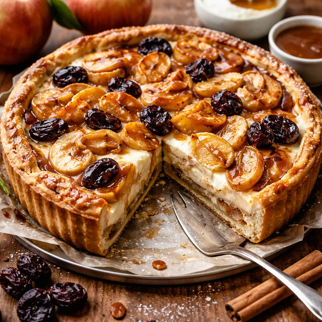 Traditional baked apple pie with roasted apples, dried plums, and vanilla cream cheese - photo 1