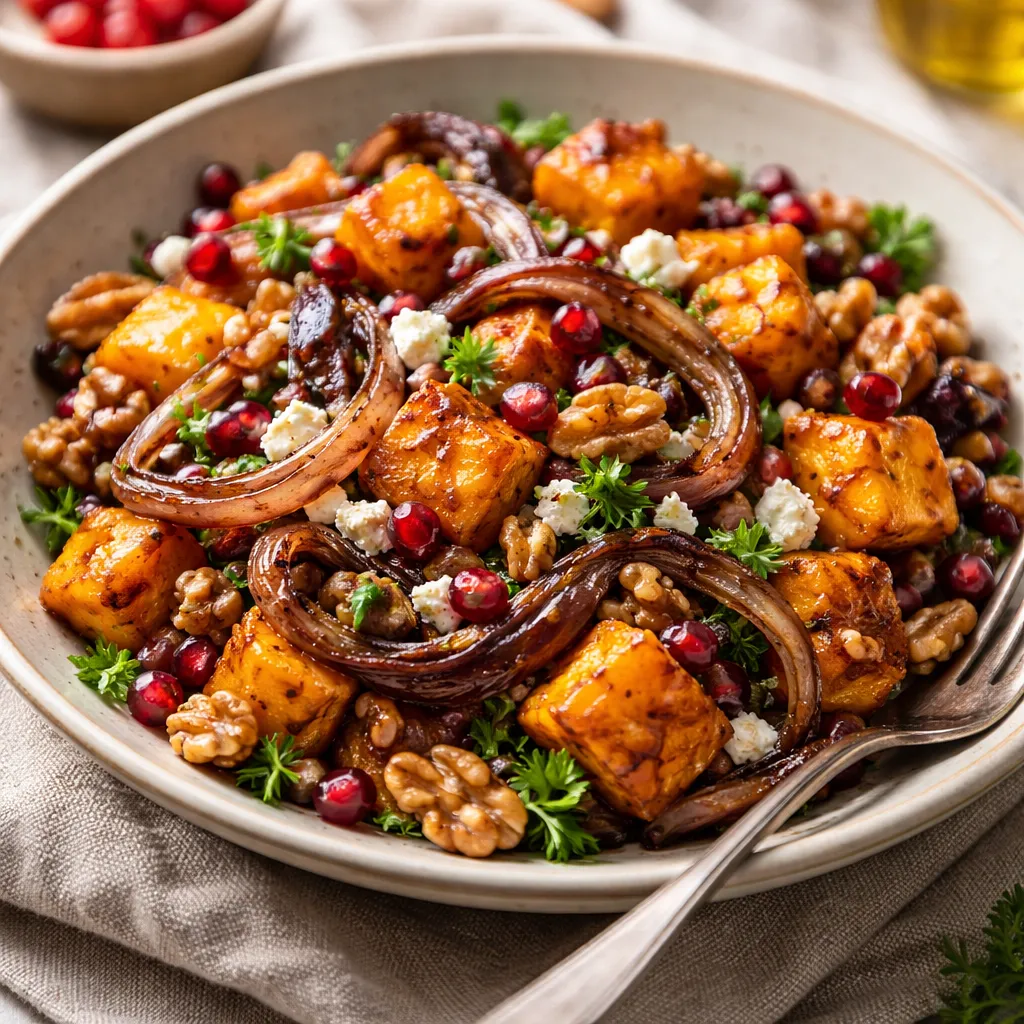 Traditional winter salad with roasted pumpkin, caramelized onions, walnuts, and pomegranate - photo 1