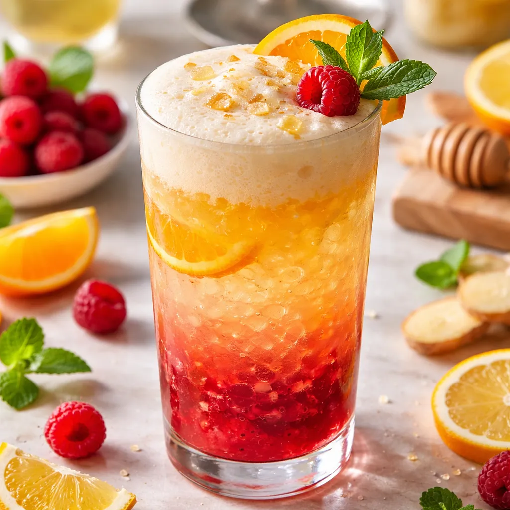 Layered citrus-raspberry drink with ginger foam (modern version) - photo 1