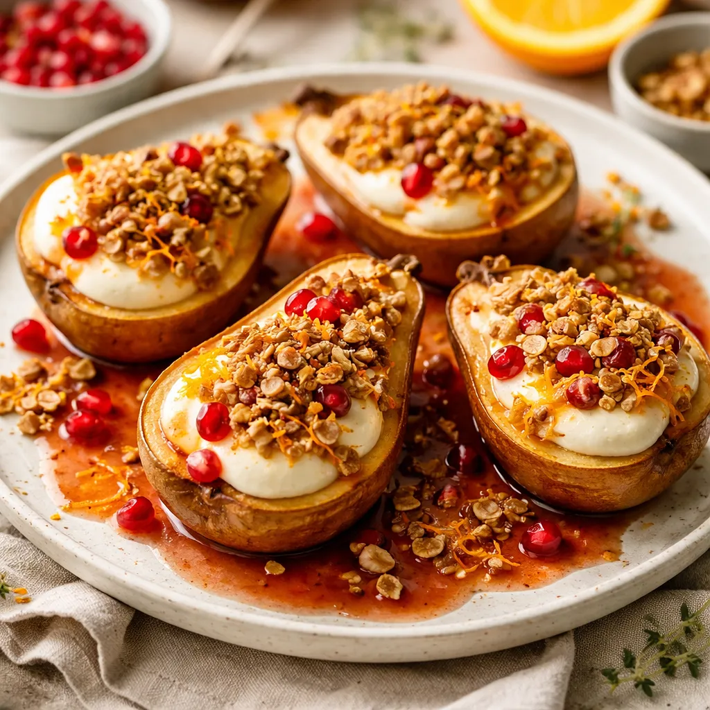 Baked pears with mascarpone cream and pomegranate-orange sauce with oat-nut crumble - photo 1