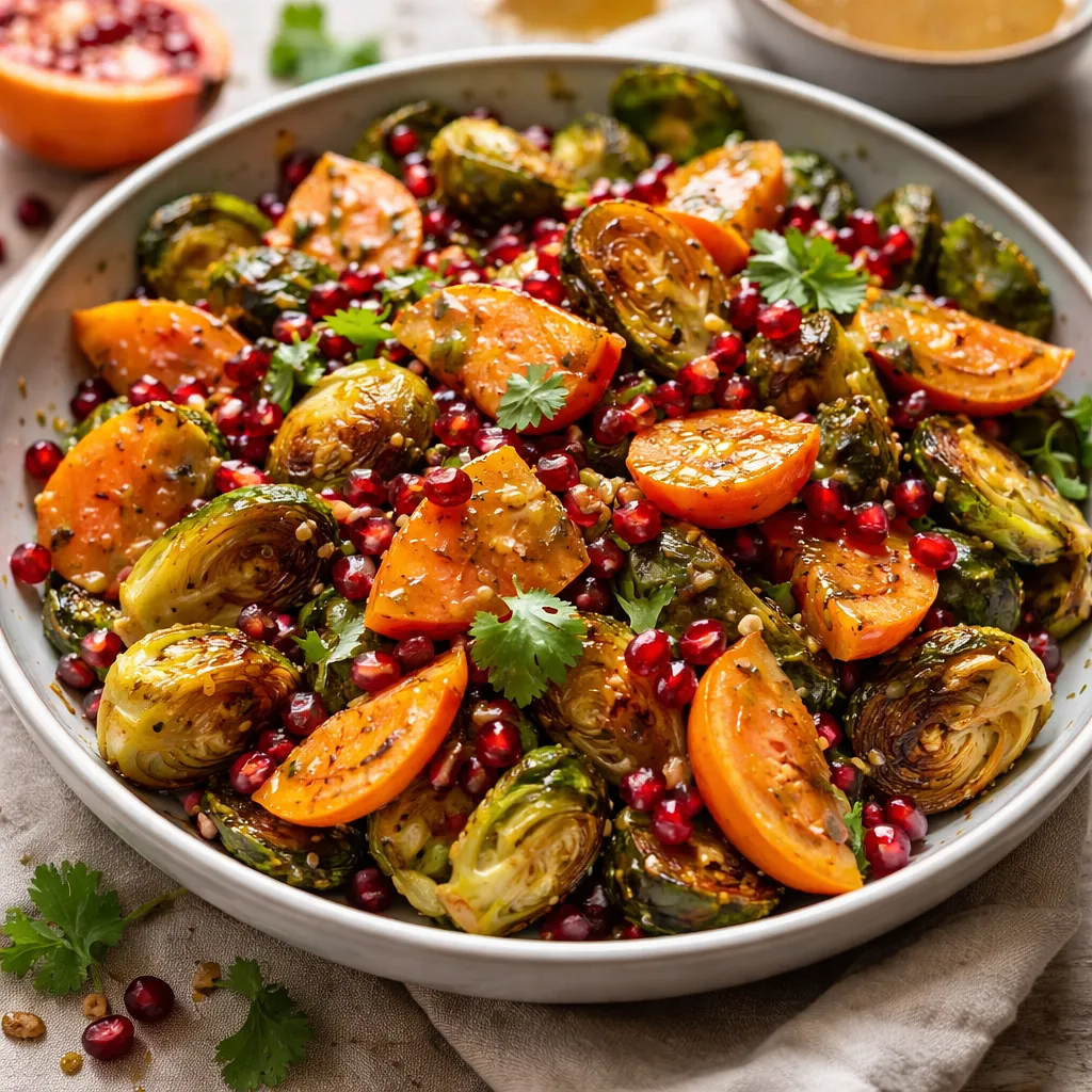 Fusion salad: roasted Brussels sprouts with persimmon, pomegranate, and miso-honey dressing - photo 1