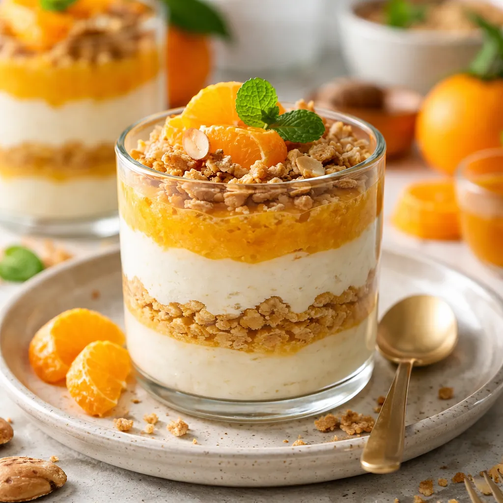 Layered winter dessert: ricotta cream with honey, tangerine mousse, and almond-oat crumble - photo 1