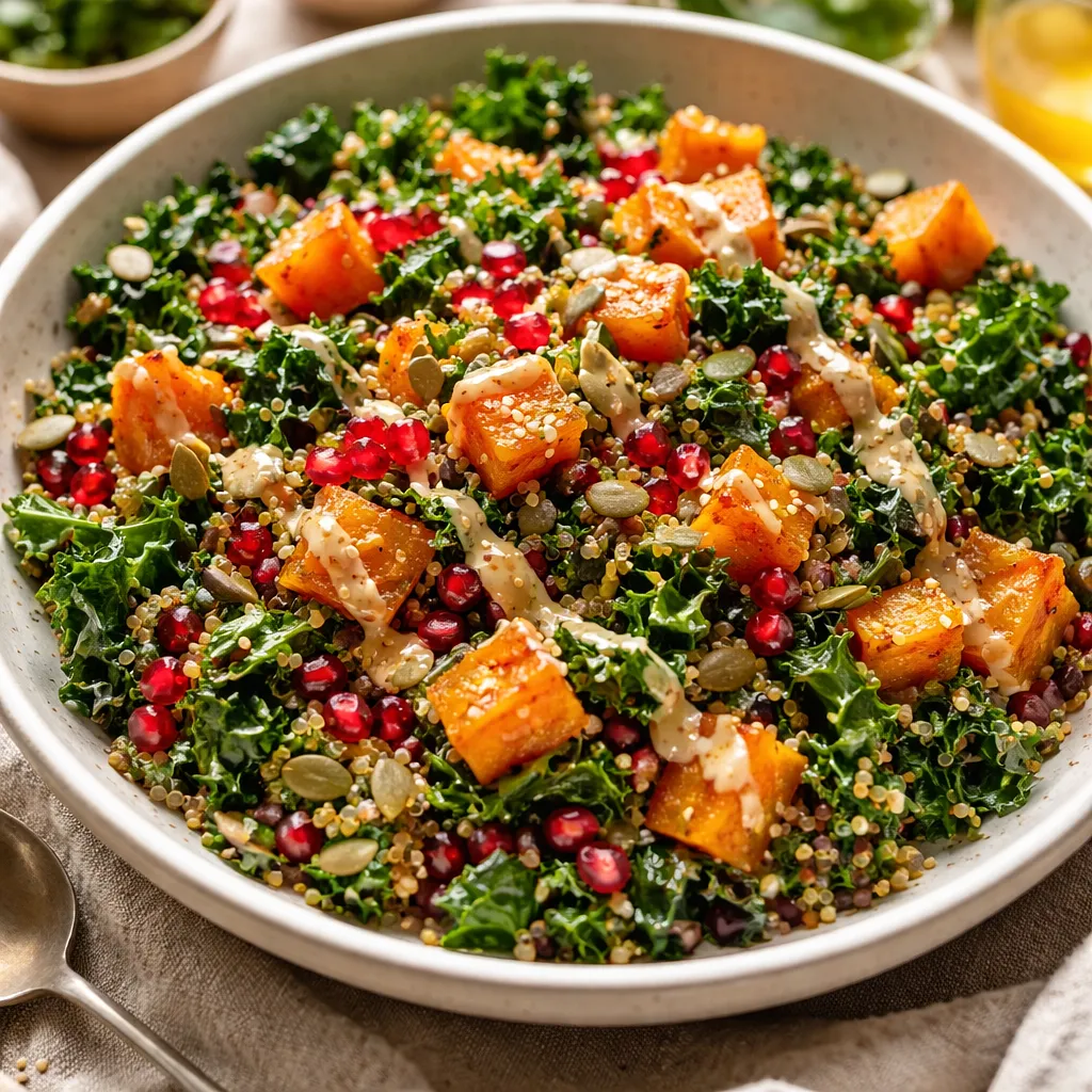 Sałatka fusion z pieczoną dynią piżmową, jarmużem, komosą i granatem z dressingiem miso-cytrynowym - zdjęcie 1