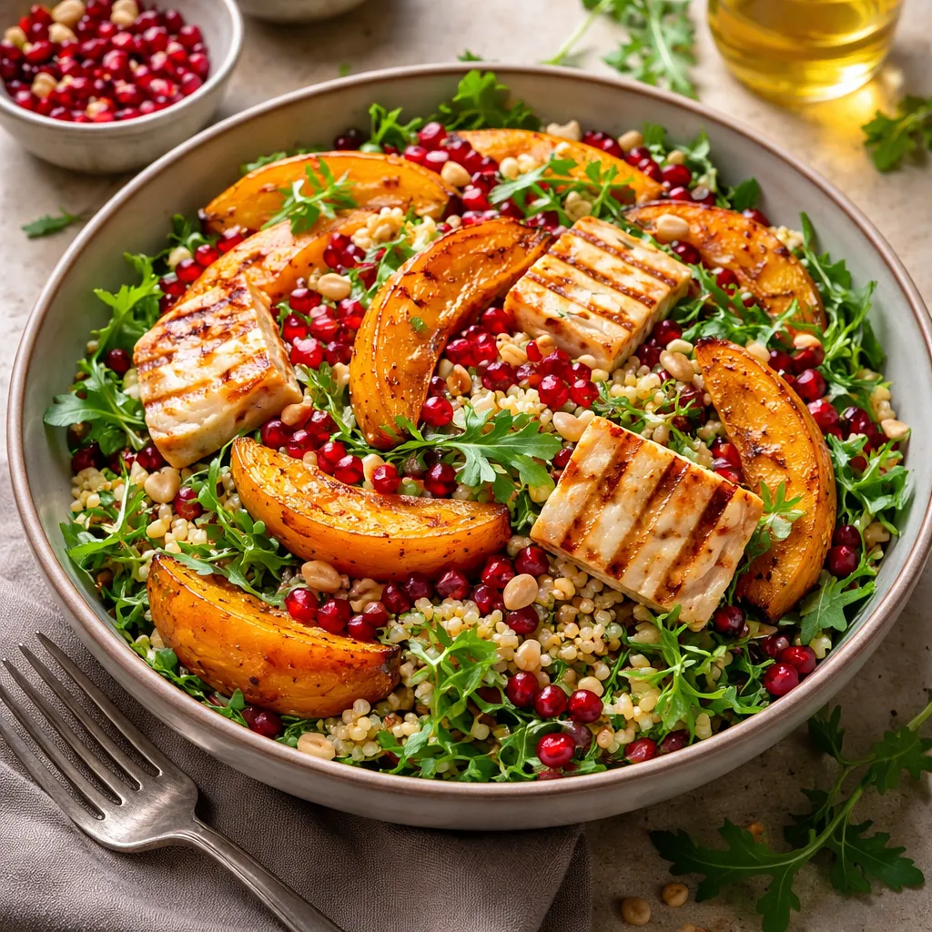 Przepis na: Sałatka fusion z pieczoną dynią, kaszą perłową, halloumi i granatem - zdjęcie 1