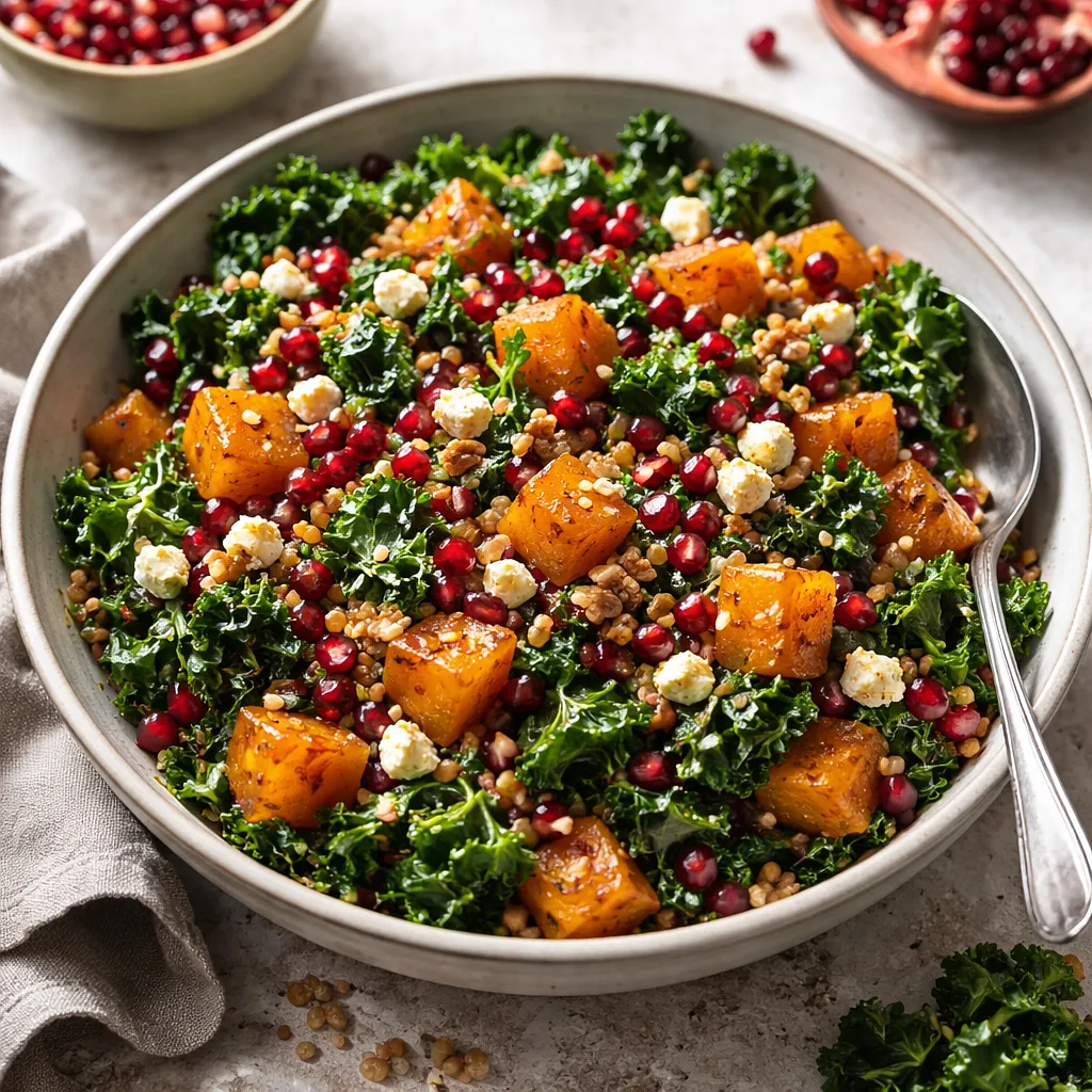 Recipe for: Fusion salad: roasted butternut squash with kale, toasted buckwheat, and pomegranate - photo 1