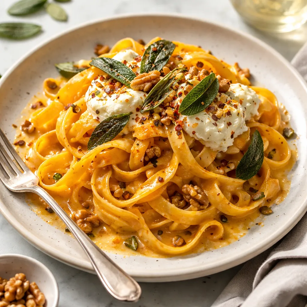 Recipe for: Modern tagliatelle with roasted butternut squash cream, mascarpone, sage, and crunchy nuts - photo 1