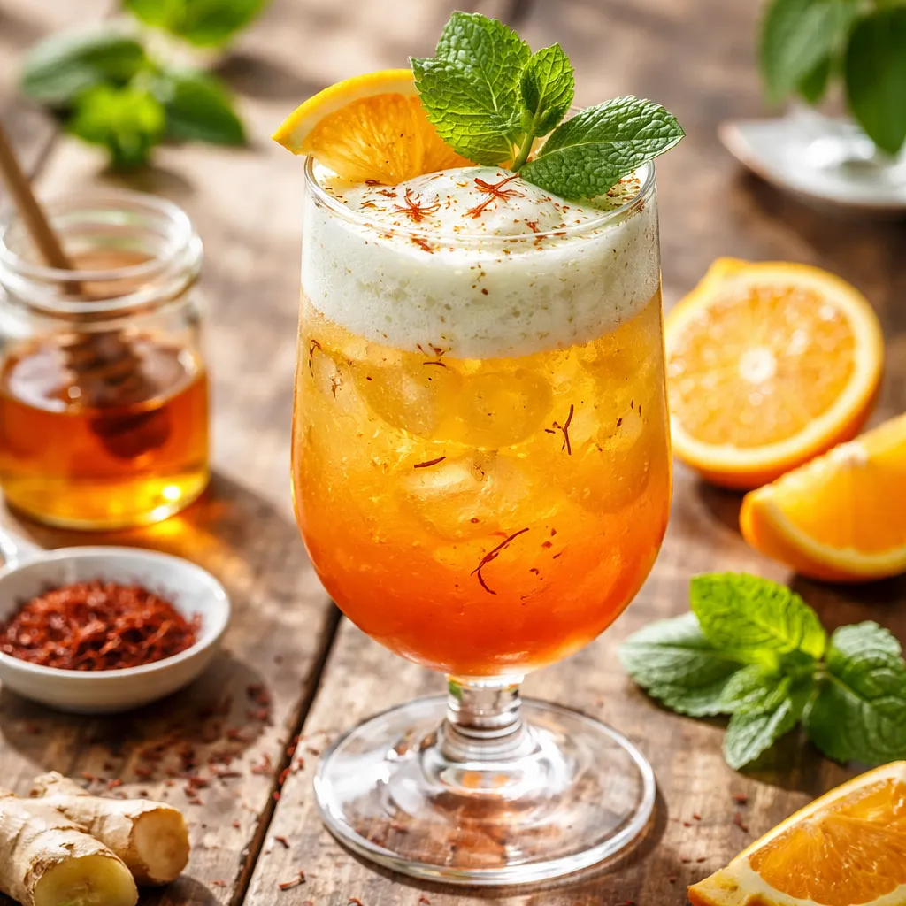 Koktajl fusion: Pomarańcza z szafranowym syropem i miętowo-imbirową pianą (wariant 966f3914) - zdjęcie 1