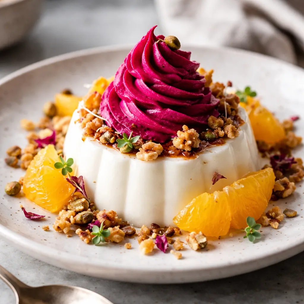 Coconut panna cotta with roasted beet mousse, orange, and nut crumble - photo 1