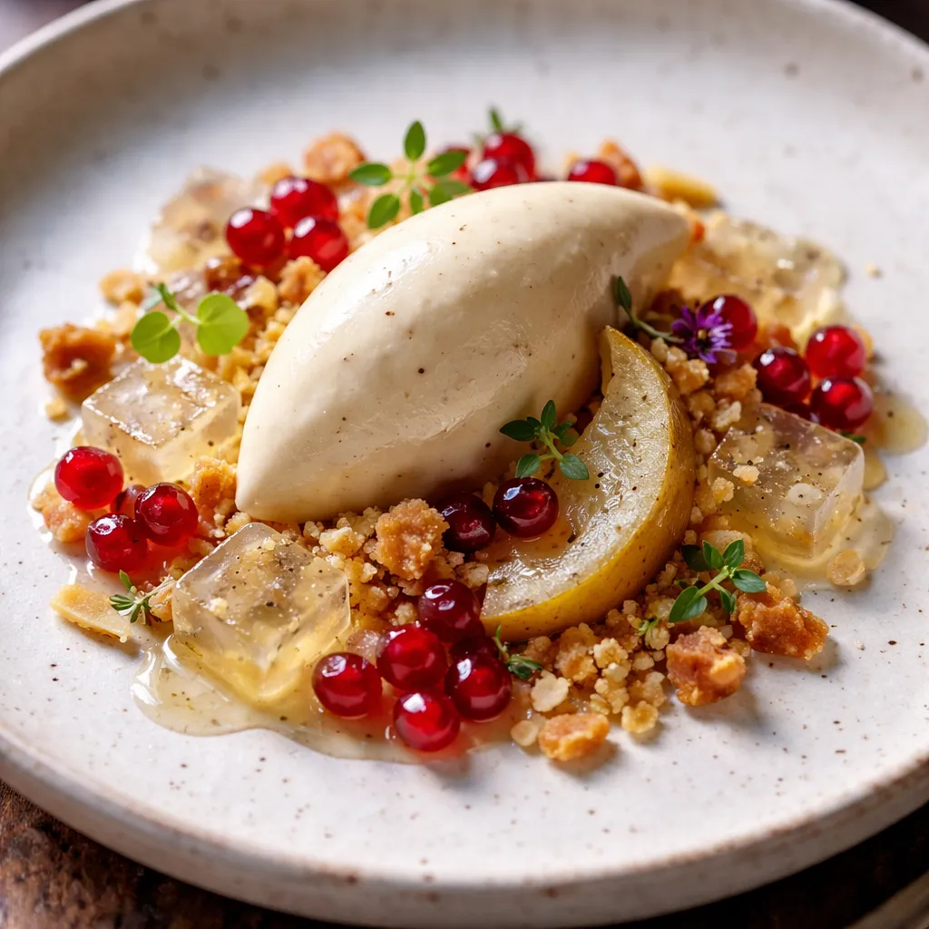 Recipe for: Pear mousse with Earl Grey jelly, almond crumble, and pomegranate pearls - photo 1