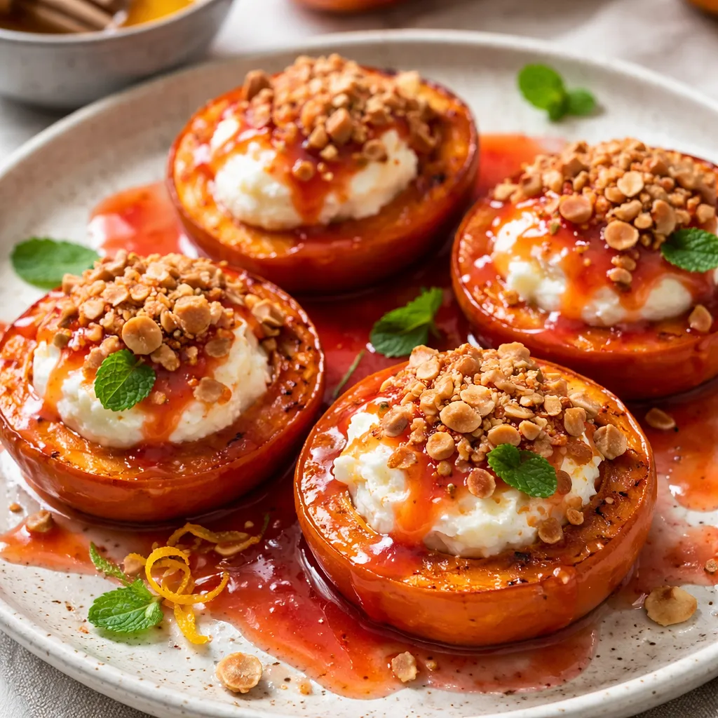 Pieczone kaki (persimmon) z kremem ricotta-miodowym, kruszonką migdałową i sosem z czerwonej pomarańczy - zdjęcie 1