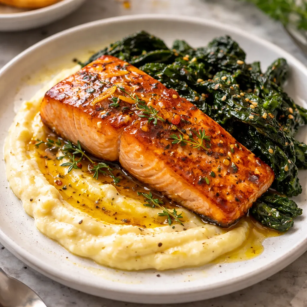 Szybki łosoś na patelni z pomarańczowo‑miodową glazurą, puree z pasternaku i chrupiącym cavolo nero - zdjęcie 1