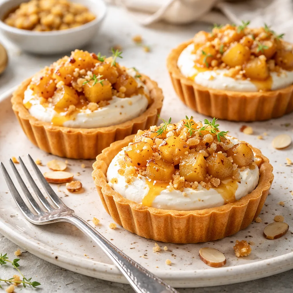 Modern almond tartlets with mascarpone cream, caramelized pears, and crunchy crumble - photo 1
