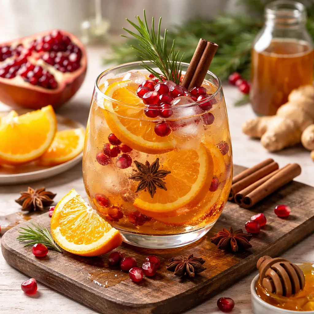 Modern Winter Orange-Pomegranate Cocktail with Spicy Ginger-Cinnamon Syrup and Honey Foam - photo 1