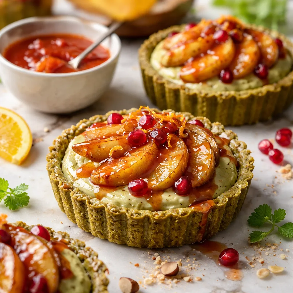 Tartaletki migdałowo-matcha z karmelizowaną gruszką i sosem granatowo-pomarańczowym (fusion, wariant 73c3dcad) - zdjęcie 1