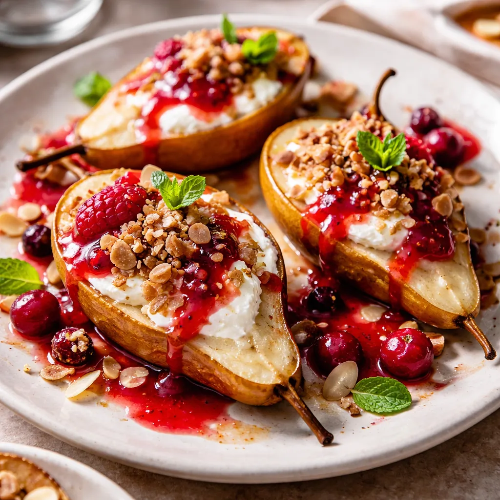 Pieczone gruszki z kremem ricottowym, kruszonką migdałową i sosem malinowo-żurawinowym (wariant 2c2039c3) - zdjęcie 1