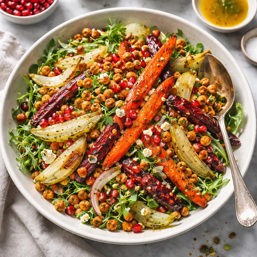 Modern winter salad with roasted carrots, fennel, pomegranate, and crispy chickpeas - photo 1
